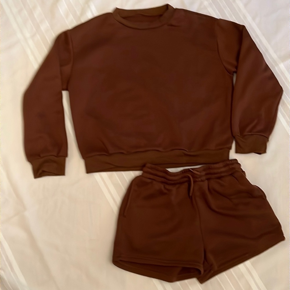 Brown sweat shorts and shirt